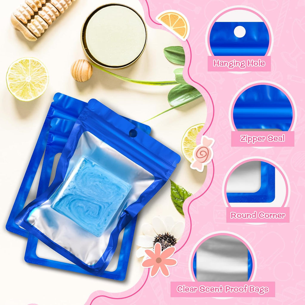 FUNFERY 100 Pack Mylar Resealable Bags Foil Packaging Bags with Clear Window,Zipper Pouch Smell Proof Bag for Food Storage,Cookies,Sample,Small Business(Blue,2.4x3.9inch)