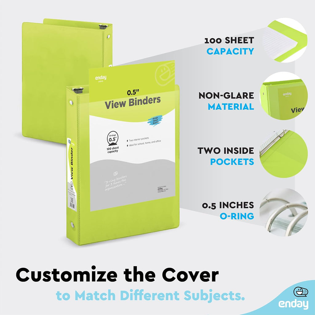 ½ Inch 3 Ring Binder, .5 Inch Round Ring Clear View Cover with 2 Inside Pockets Binders, Colored School Supplies Binders in Grey, Pink, Blue, Purple, Green and Red, Multicolor (6 PC) – by Enday