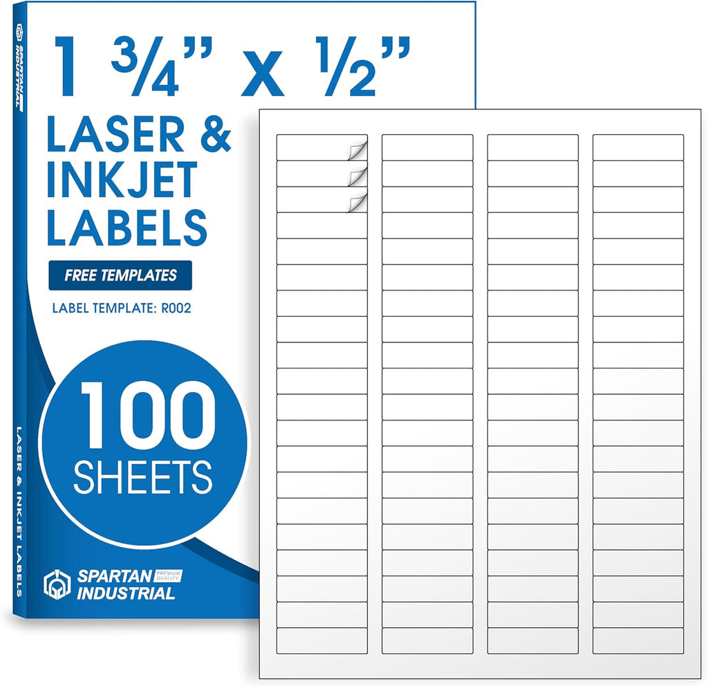 1 3/4" X 1/2" Matte White Return Address Labels Compatible with Inkjet and Laser Printers - 100 Sheets, 8000 Small Printable Stickers for Mailing, Barcodes, Organization - Spartan Industrial
