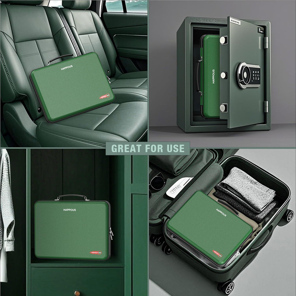 Fireproof Document Box, Expanding File Organizer with 13 Pockets, Portable Fireproof File Box Hard-Shell Document Organizer Storage for Documents Laptop Passports Cards Green
