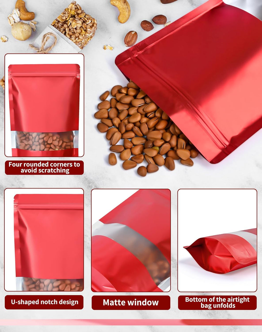 FireKylin 100 Pack Smell Proof Bags 4.7" x 7.9", Resealable Bags with Matte Window, Foil Pouch Stand Up Sealable Bags for Packaging（Red）