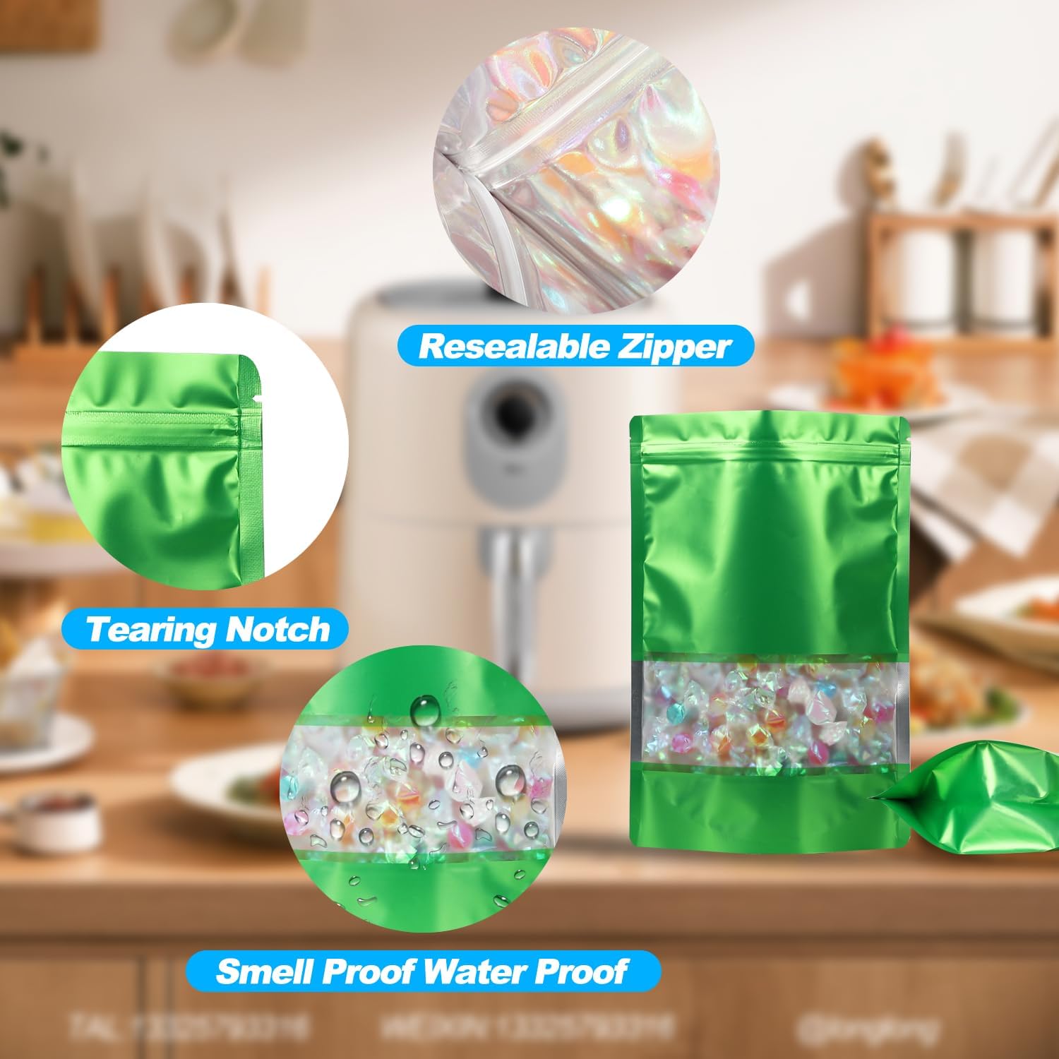 100 Pack Smell Proof Bags, Resealable Mylar Bags with Matte Window, Foil Pouch Stand-up Bags for Food Self Sealing Storage, Scratch Resistant Hand Storage Bags. (Green, 7×10 Inch)