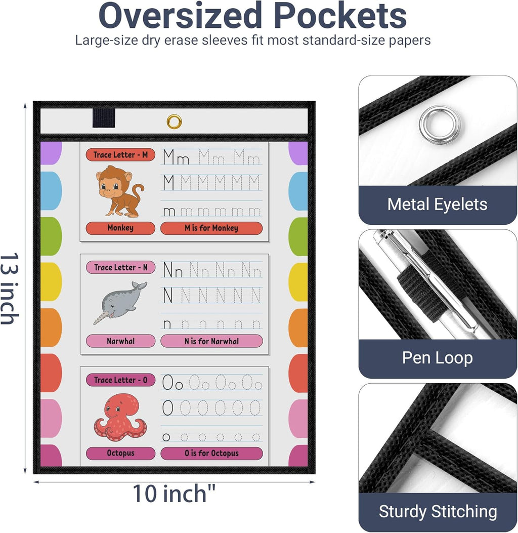 15 Pack Oversized Dry Erase Pocket Sleeves Reusable 10 x 13 Inches Black Shop Ticket Holders Clear Plastic Sleeves Sheet Protectors for Documents, Teacher Classroom & Office Supplies
