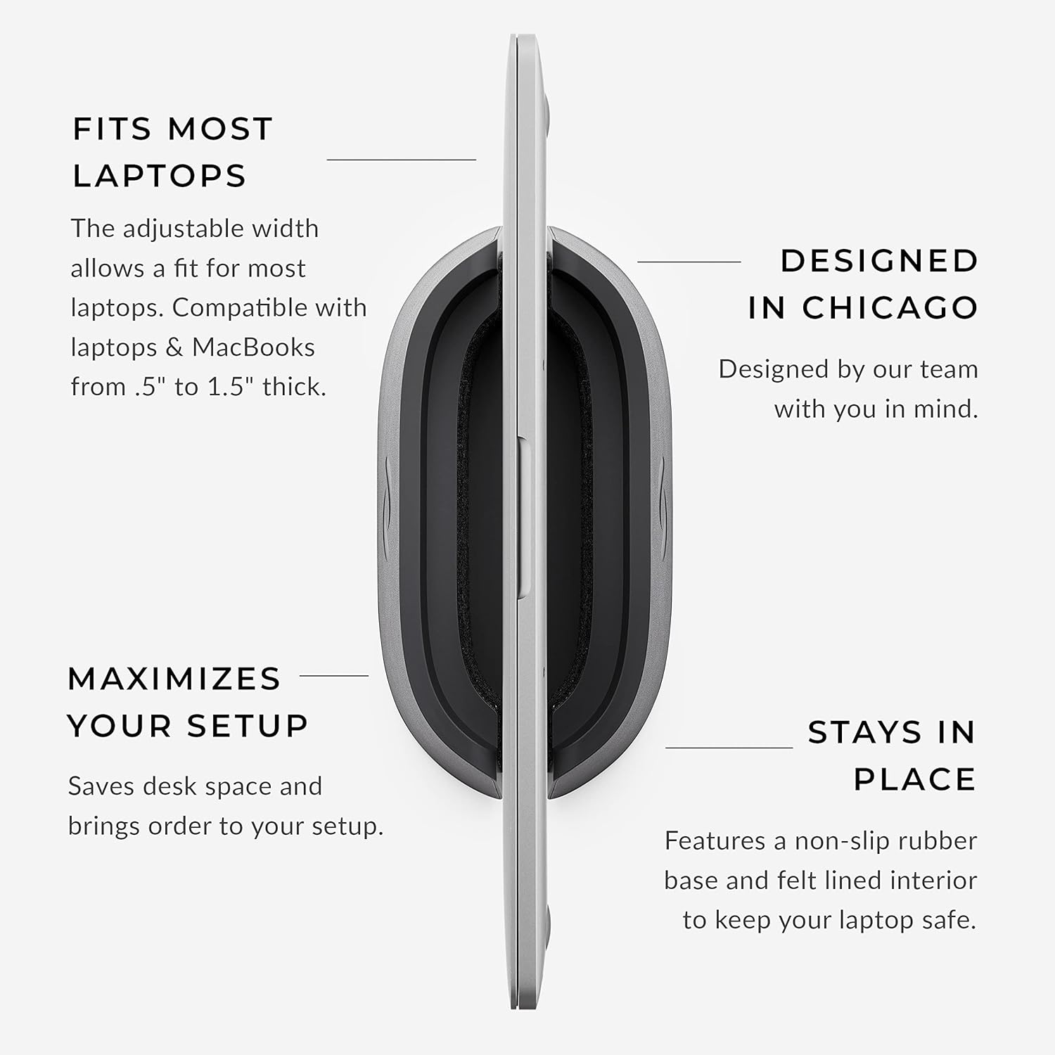 HumanCentric Vertical Laptop Stand in Vegan Black Leather, Upright Adjustable Holder and Dock, Laptop Vertical Stand Fits MacBook Pro and Other Laptops .5" to 1.5", Clamshell Compatible