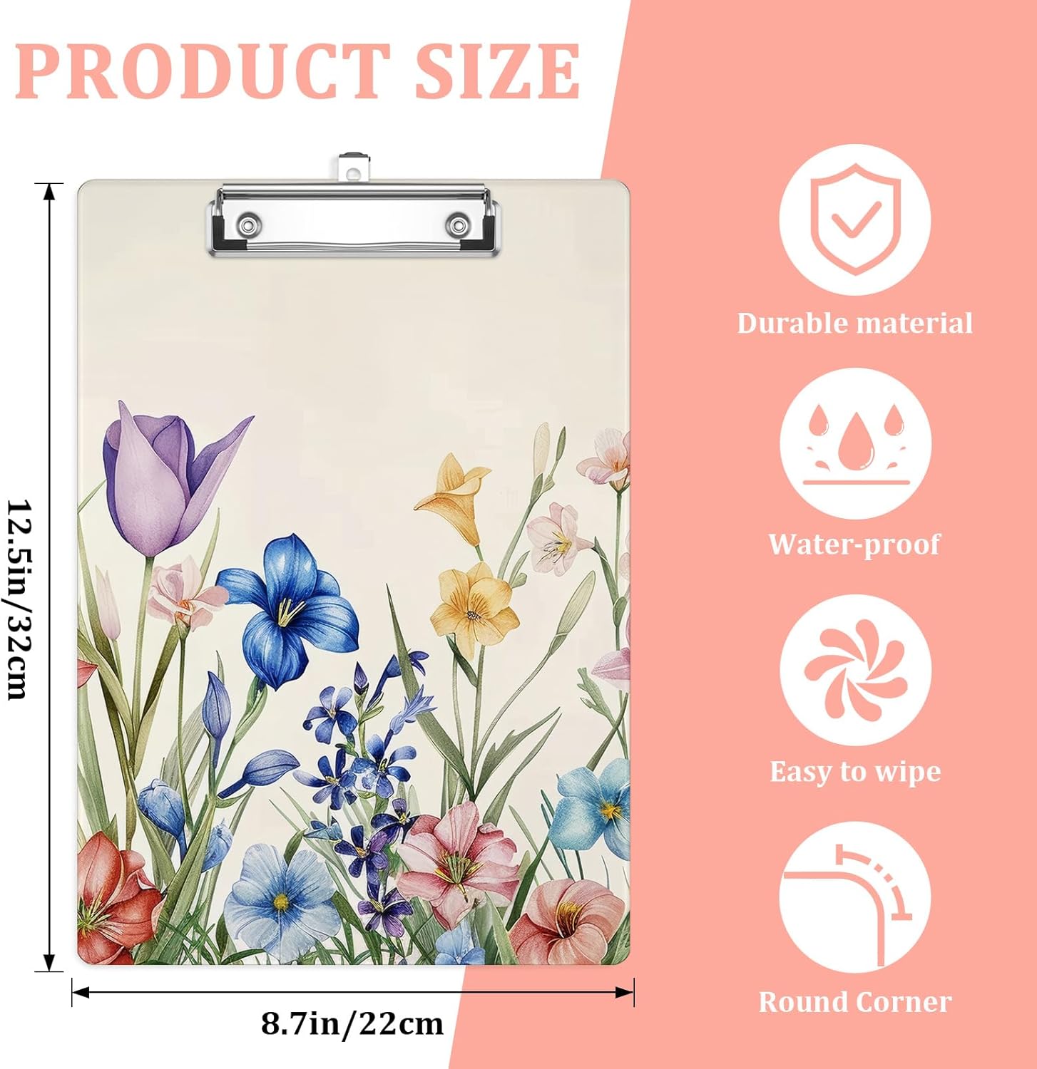 Boho Spring Wildflowers Plastic Clipboards,Cute Fashion Clipboard Decorative 8.5" x 12.5"Standard A4 Size Clipboards,Acrylic Clipboard for Teacher,Social Worker,Students,Nurse,Office Supplies