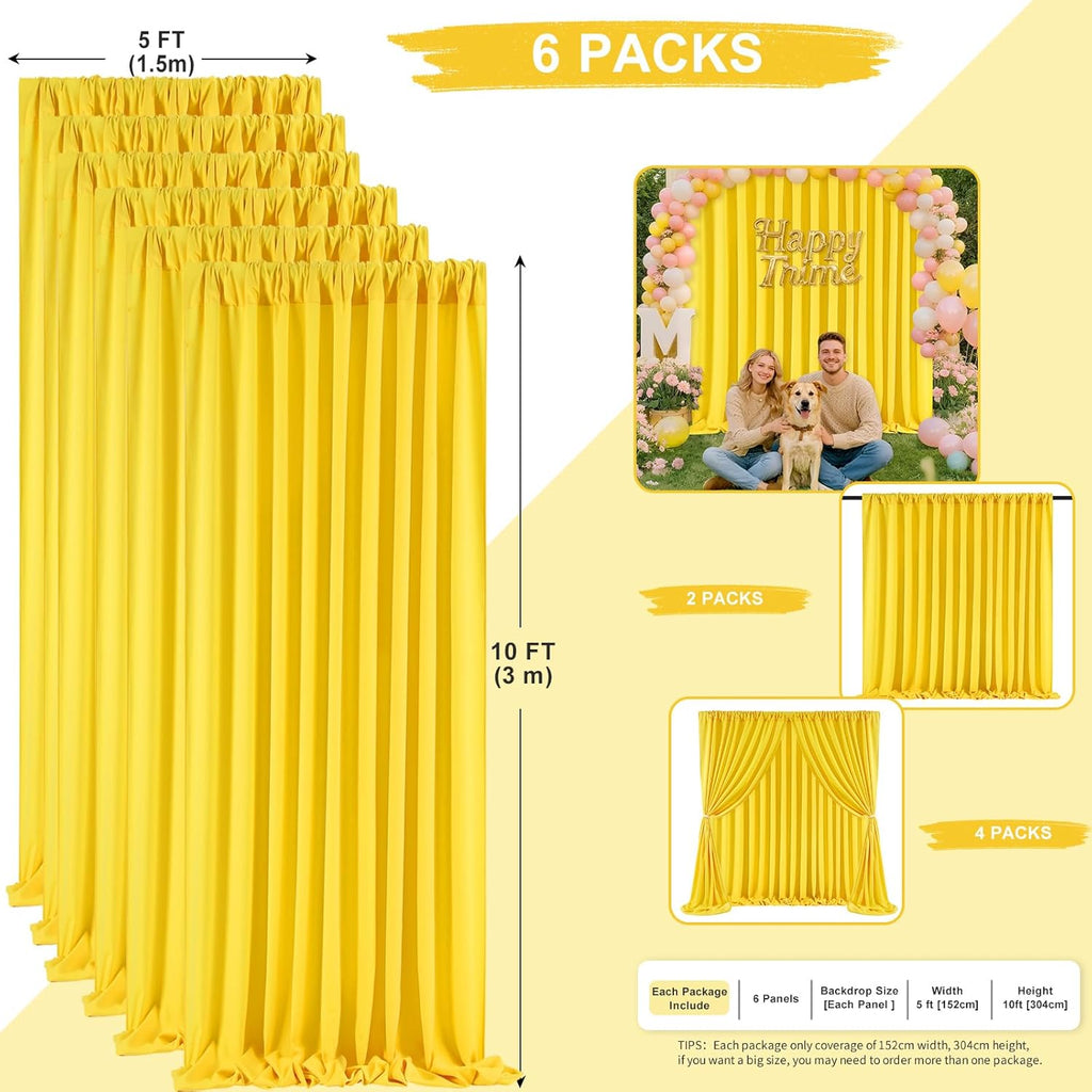 Yellow Backdrop Curtains Drapes 6 Panels 5ft x 10ft Polyester Photo Backdrop for Birthday Party Stage Window Decorations