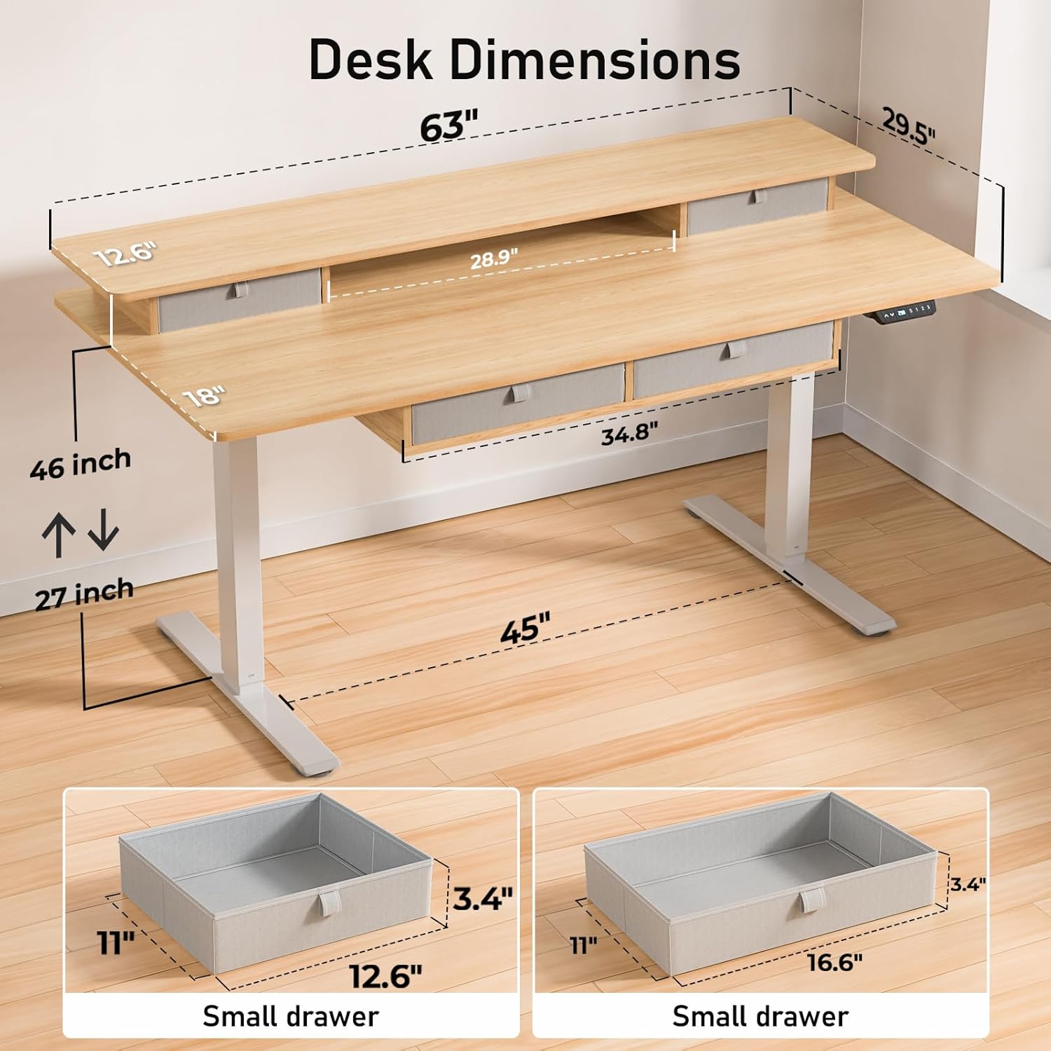 Electric Standing Desk, 63 * 30 Inches Adjustable Height with 4 Drawers, Double Storage Shelves, Home Office Workstation Sit Stand up Desk (Nature)