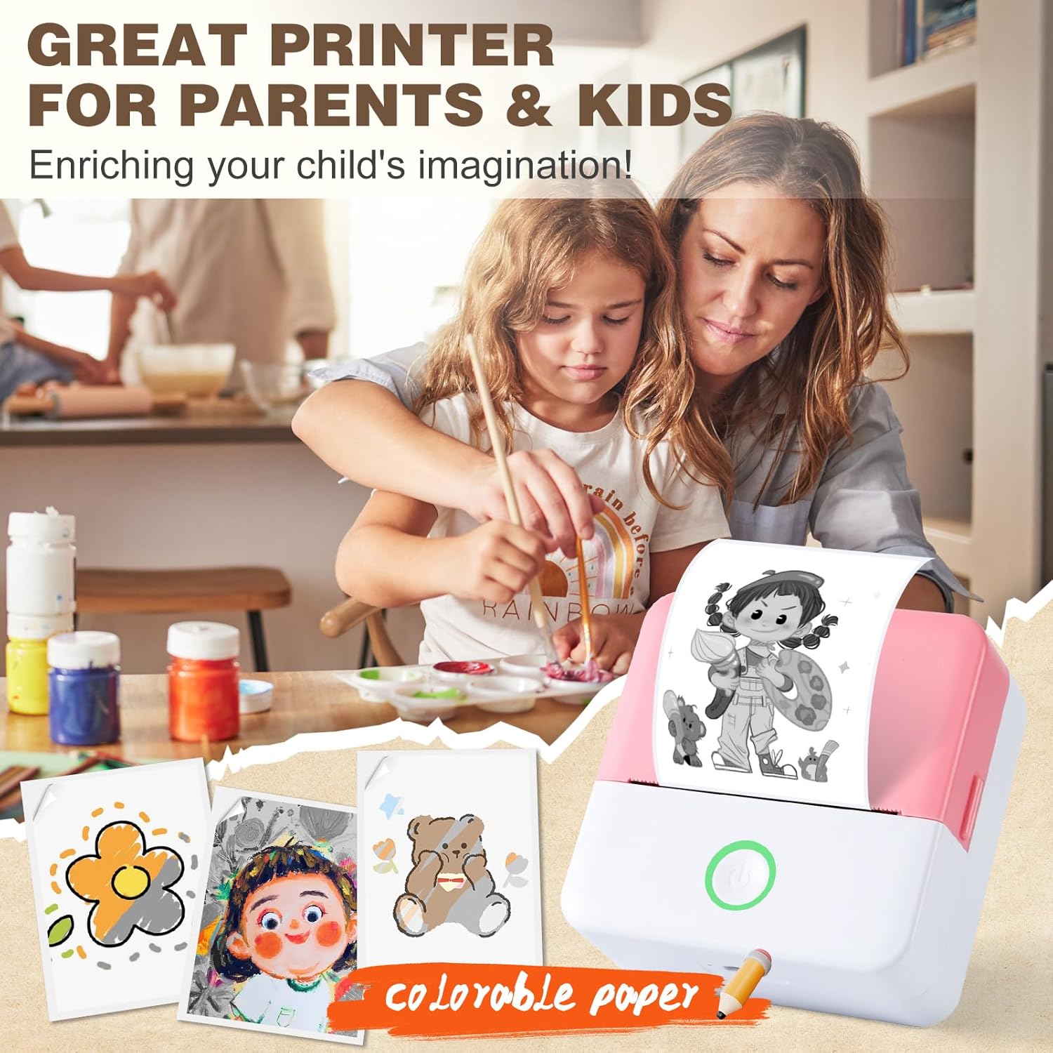 Print Pods Mini Printer, Thermal Inkless Sticker Maker with 10 Rolls Printing Paper, Pocket Printpod for phone, Impresora Portátil for Notes, Flashcards, Journal, DIY, Compatible with iOS & Android