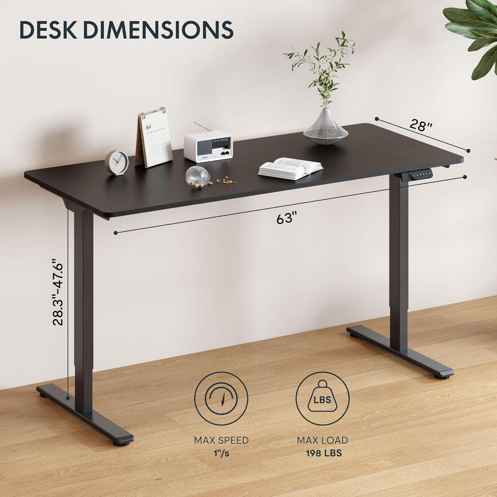FLEXISPOT 63 x 28 Inch Dual Motor Standing Desk, Computer Desk with Memory Controller, Home Office Desk with Splice Board (Black Frame + 63" Black Desktop, 2 Packages)