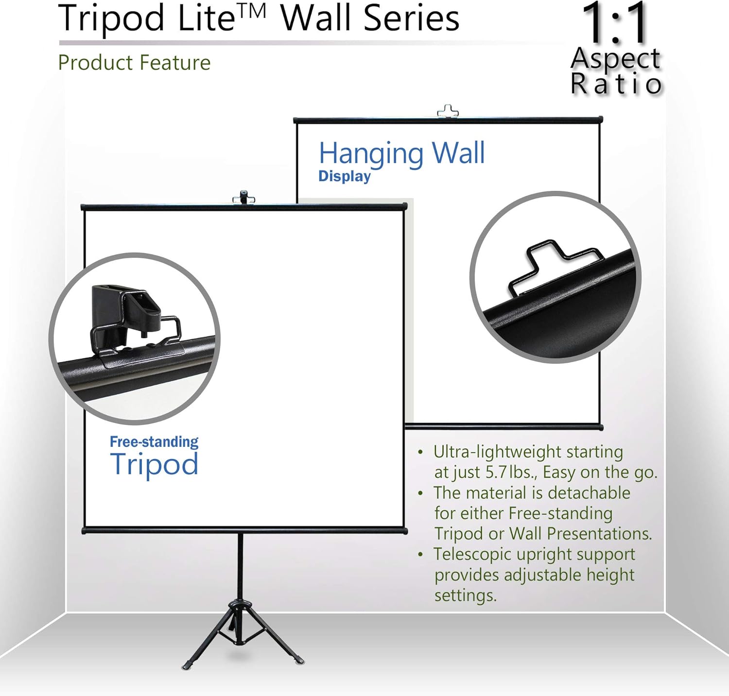 Elite Screens Tripod Lite Wall Series, 2in1 Portable Projector Screen Dual Tripod Stand/Wall Mount Indoor/Outdoor 50-INCH, 1:1 w/Carrying Bag, US Based Company 2-Year Warranty - T50SW, Black
