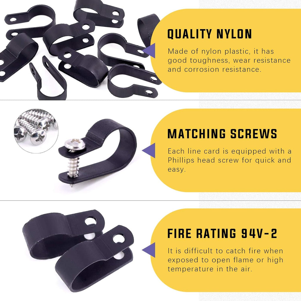 Swpeet 60 Pack Black 5/8 Inch Nylon Plastic R-Type Cable Clips Clamp Kit, Nylon Screw Mounting Cord Fastener Clips with 60 Pack Screws for Wire Management