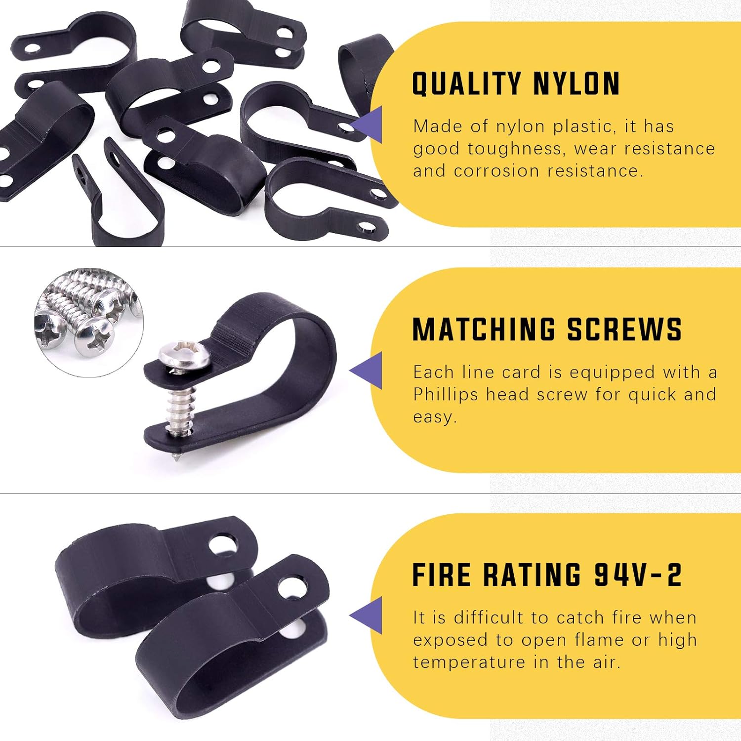 Swpeet 60 Pack Black 5/8 Inch Nylon Plastic R-Type Cable Clips Clamp Kit, Nylon Screw Mounting Cord Fastener Clips with 60 Pack Screws for Wire Management
