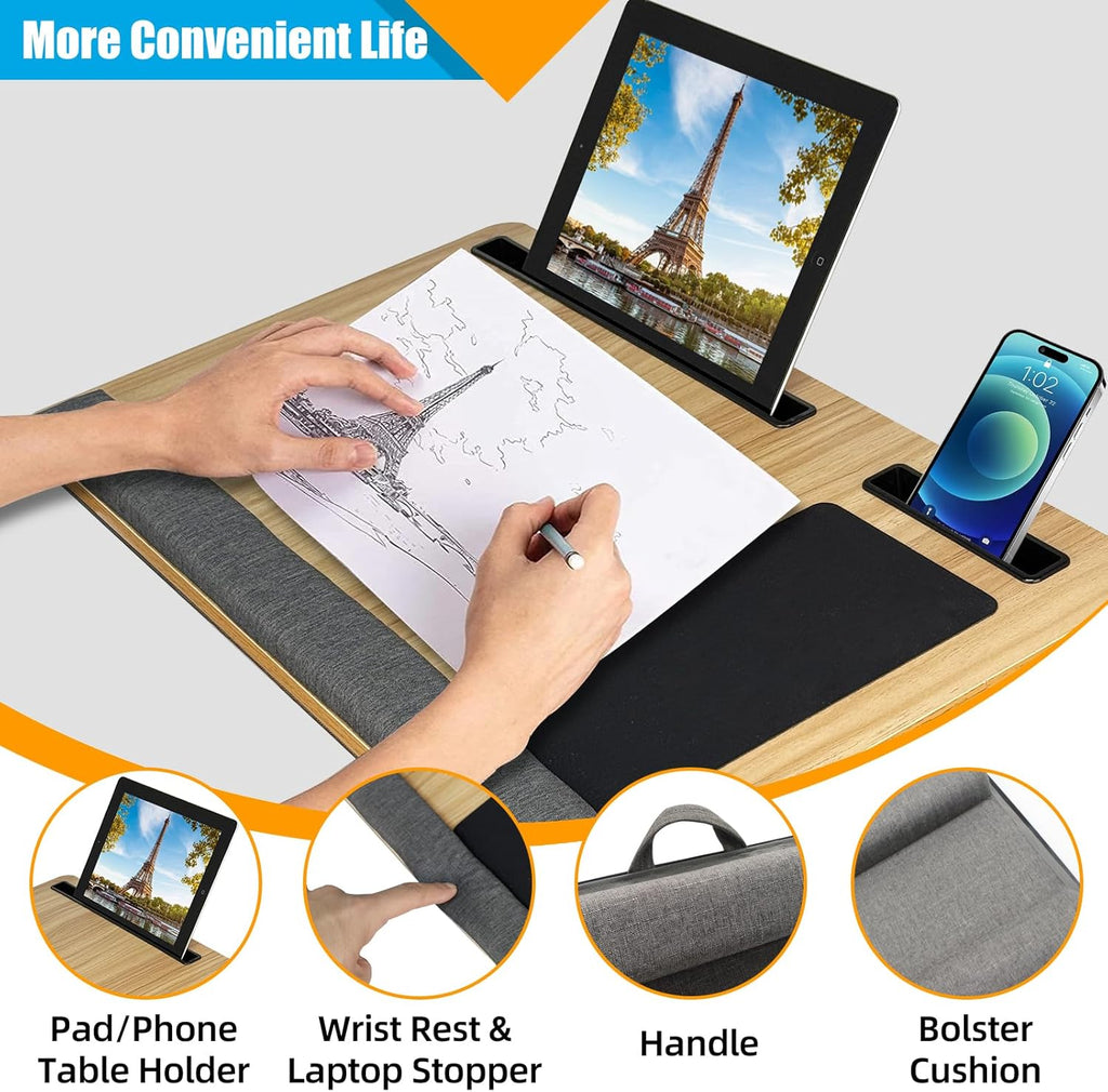 Natural Wood Laptop Tray for Lap - Portable Laps Desk for Lap with Cushion, Lightweight Laptop Lap Tray with Mouse Pad, Fits Laptops Up to 17 Inches, Built-in Mouse Pad, Tablet Phone Holder, Beige