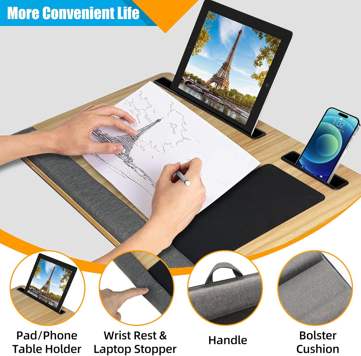 Natural Wood Laptop Tray for Lap - Portable Laps Desk for Lap with Cushion, Lightweight Laptop Lap Tray with Mouse Pad, Fits Laptops Up to 17 Inches, Built-in Mouse Pad, Tablet Phone Holder, Beige