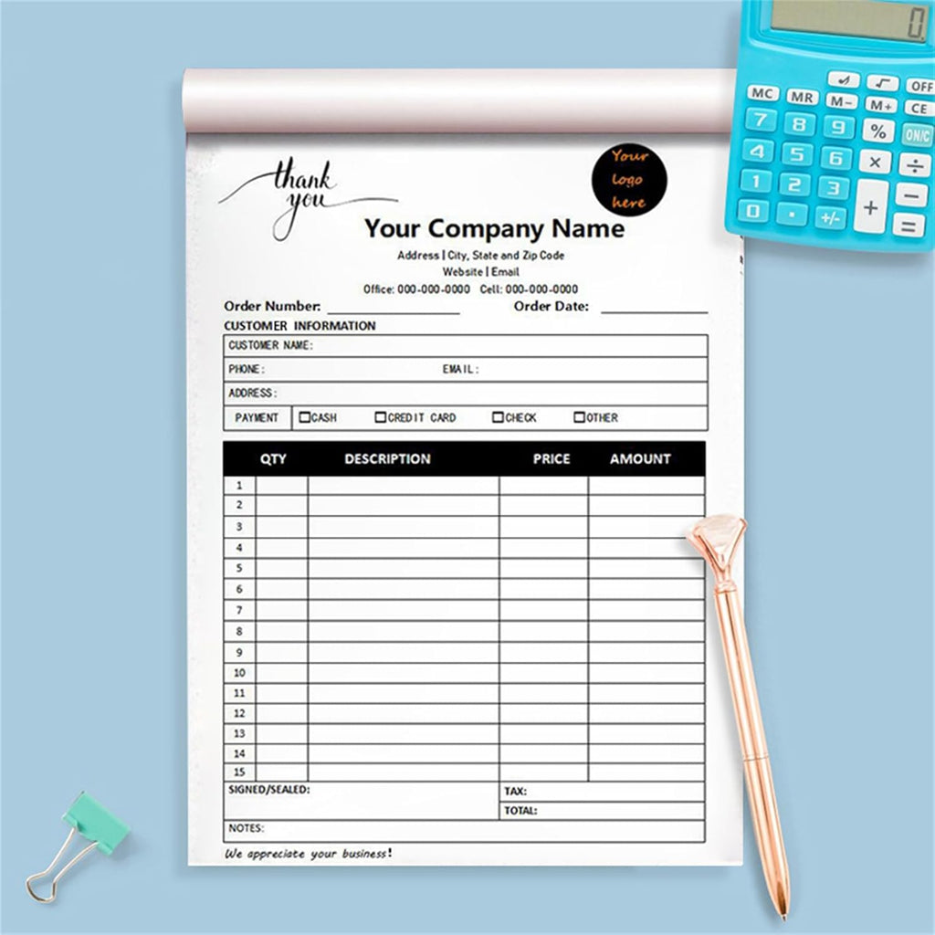 Custom Invoice Book in 3-Part /2-Part Receipt Book with Carbon Copies Personalized Carbonless Service Invoice Form Books Sales Order Book with Company Name Logo Address,C1-Thank You Receipt