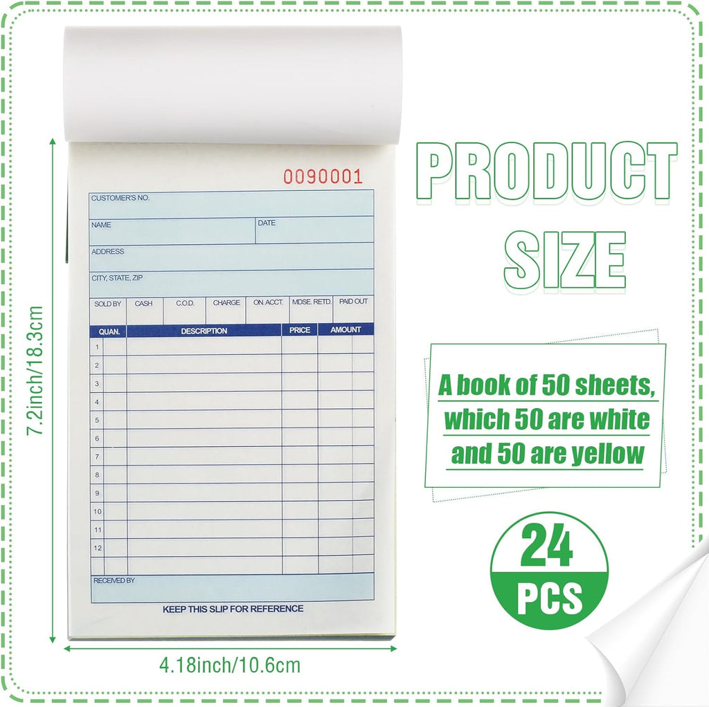 Lincia 24 Pads Sales Order Books 2 Part Carbonless (White/Canary Yellow) Receipt with Carbon Copies Cover Receipt Form Invoice 50 Sets Per Book (4.18 x 7.2 Inch/ 10.6 x 18.3 Cm)