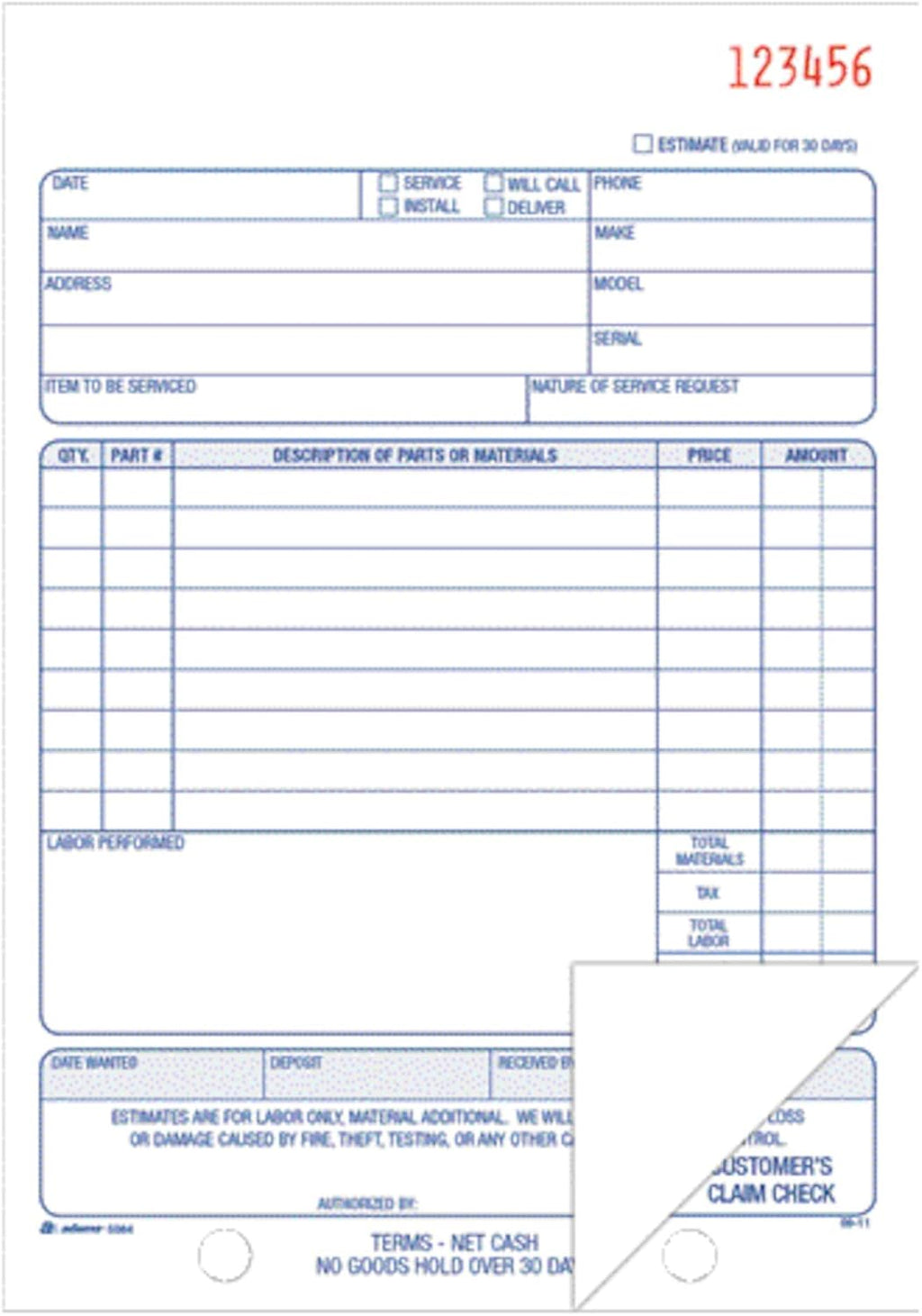 Adams Repair Order Book, Carbonless, 2-Part, White/White, 5-9/16 x 8-7/16 Inches, 50 Sets (D5084)