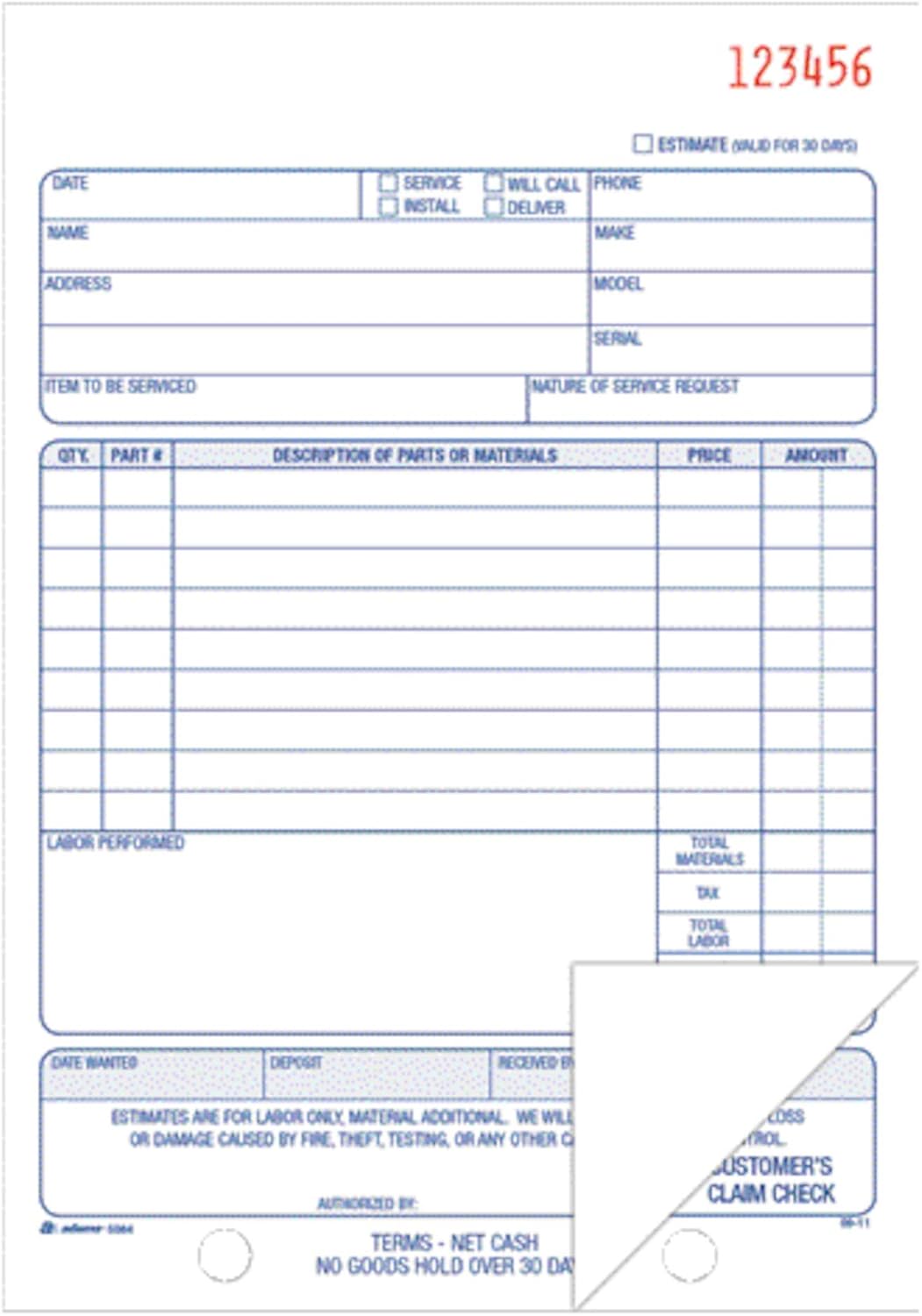 Adams Repair Order Book, Carbonless, 2-Part, White/White, 5-9/16 x 8-7/16 Inches, 50 Sets (D5084)