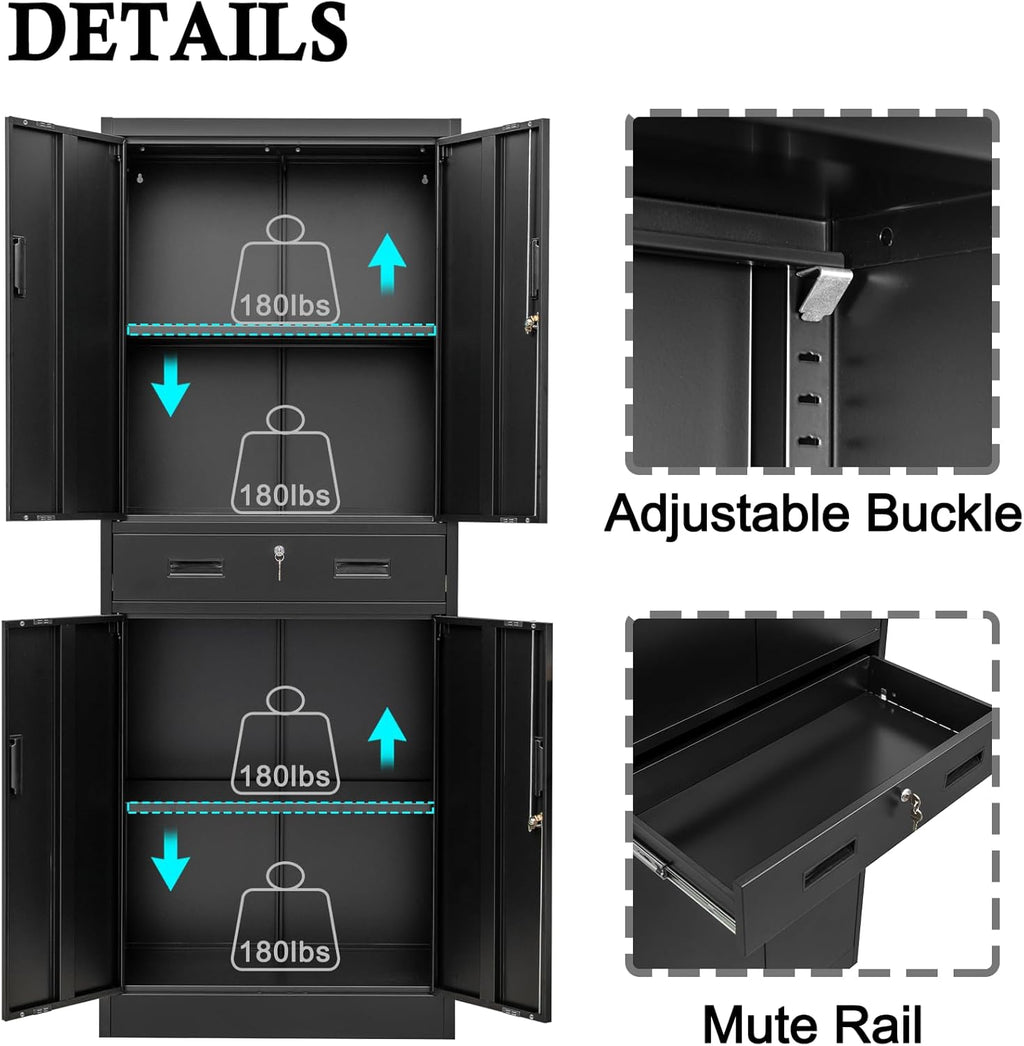 BESFUR Metal Cabinet, Garage Storage Cabinet with Drawer and Adjustable Shelves for Garage, Office, School - Black