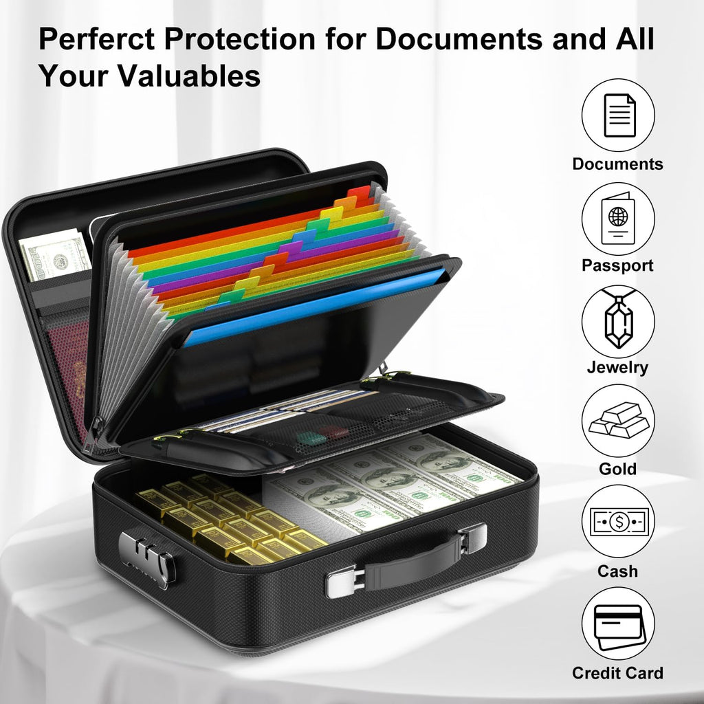 Fireproof Document Box, Hard Case Fireproof Box with Lock Hard-Shell Design Fireproof Water Resistant Safe Box File Organizer for Important Documents Certificates Laptop Passports Black