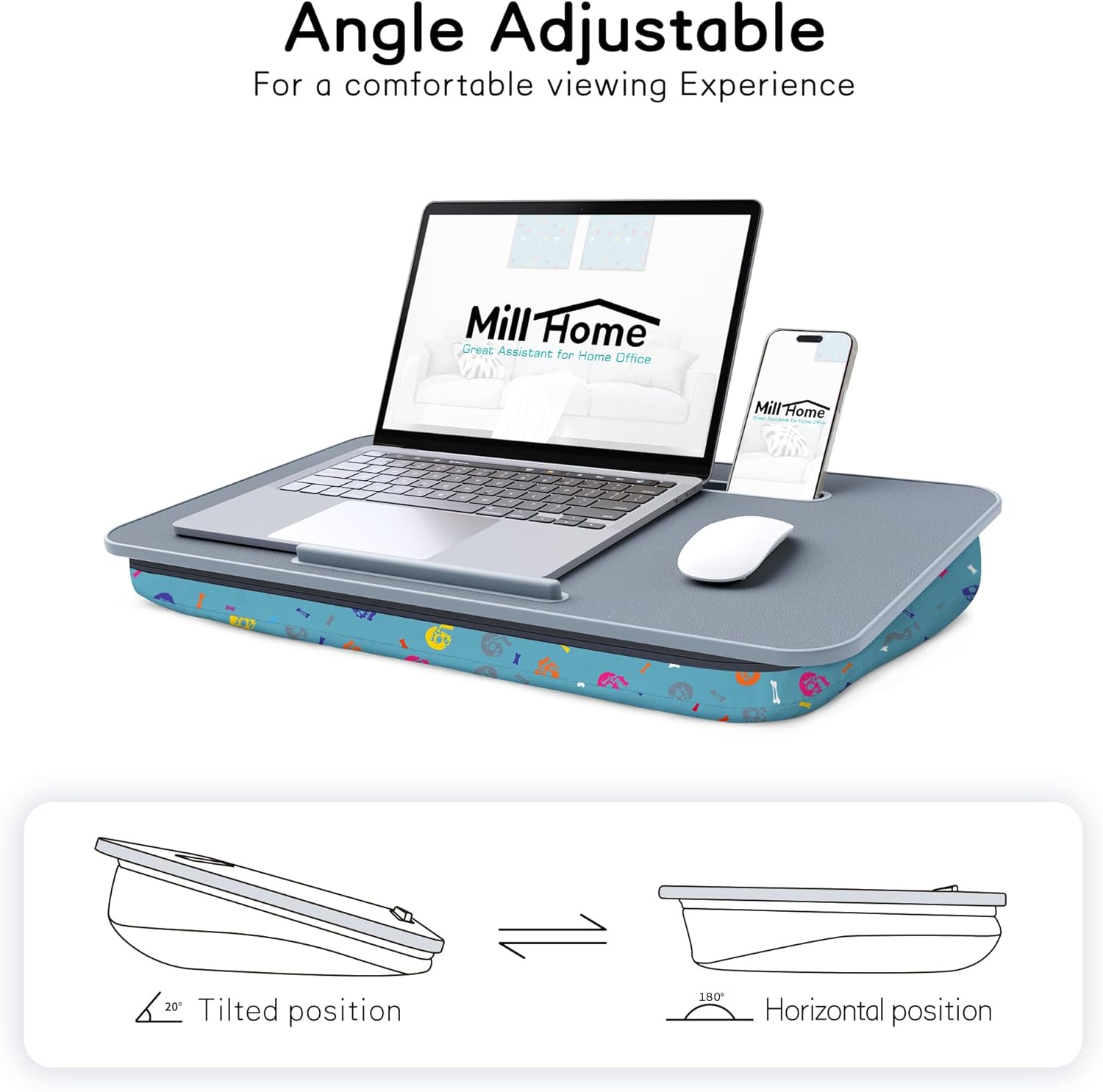 Millhome Lap Desk | Portable Laptop Desk – Fits Up to 17.3" Laptops – Detachable & Washable Cushion, Phone Holder, Device Ledge – for Writing, Working, Reading on Bed, Couch, Floor – Maui Blue Skull