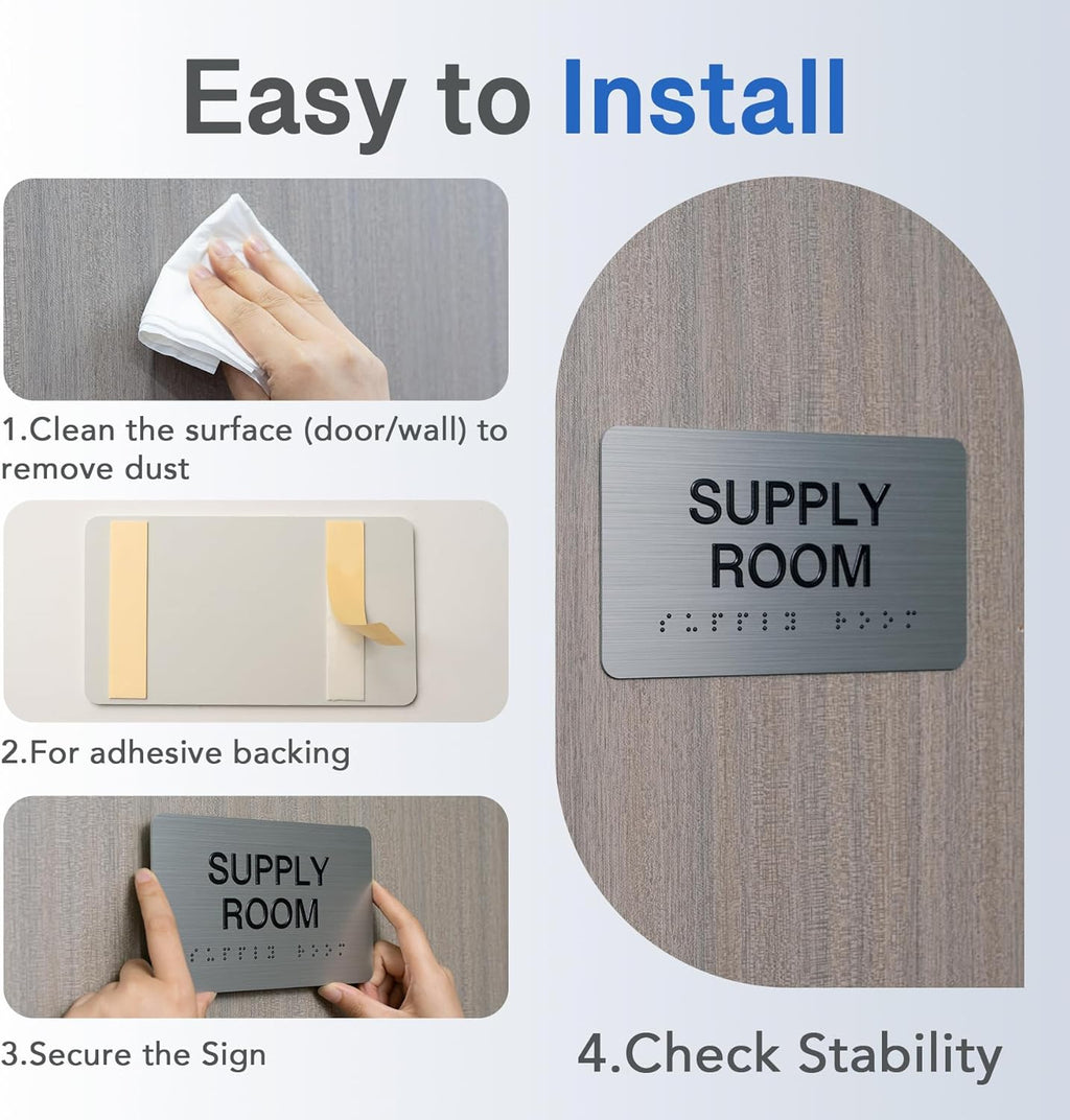 SUPPLY ROOM Signs with Raised Text & Grade 2 Braille, Brushed Aluminum/Silver Finish Easy Install with Double-Sided Tape, ADA Compliant Office Door Sign