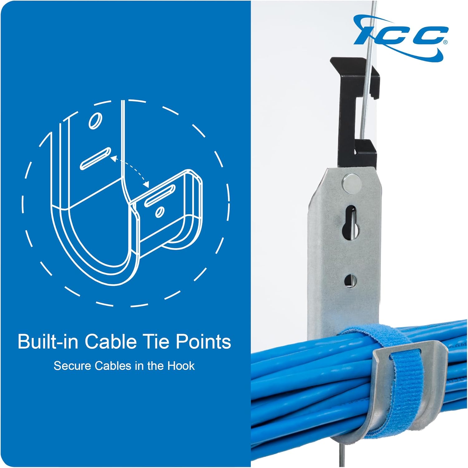 ICC Batwing J Hook 3/4” Without Retainer Clip - Galvanized Steel Cable Management Hooks for Hanging Cable to Hanger Wire and Threaded Rod - Rust-Resistant, EIA and TIA Compliant - 3/4 Inch 25 Pack