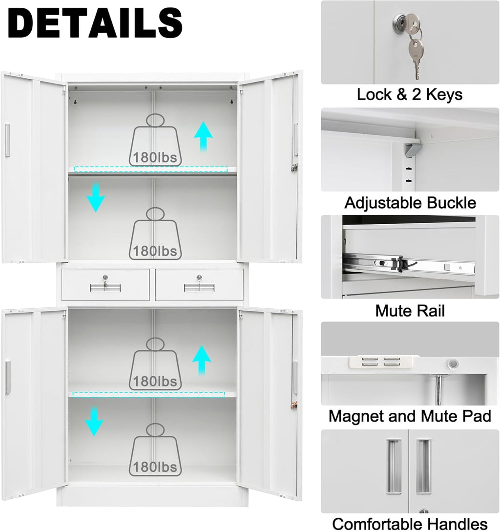 CMY Metal Storage Cabinet, 71" H x 32" W x 16" D Locking Cabinet with Adjustable Shelves and 2 Drawers, Steel Storage Cabinet for Office, Garage, Home, School, Utility Room-White