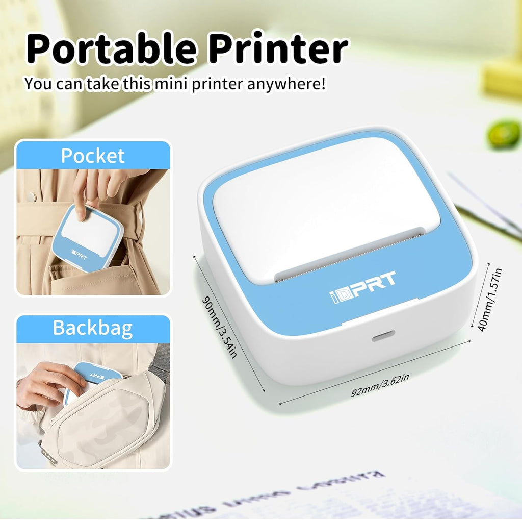 iDPRT Sticker Printer, Portable Thermal Printers Bluetooth Inkless Printer with 1 Roll Sticker Paper, Sticker Maker for Home Office School, Compatible with Android & iOS Phones, Blue