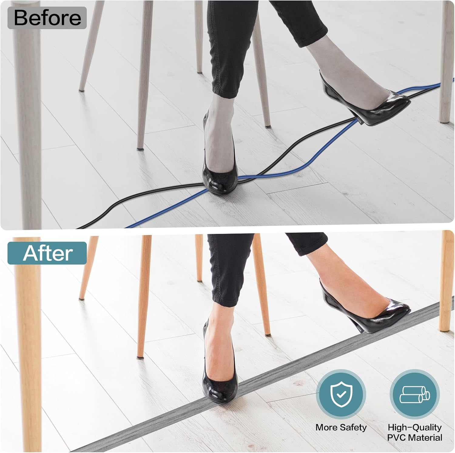 Floor Cord Cover Self Adhesive Cord Hider Floor Extension Cord Covers for Floor Power Cord Protector Cable Management Prevent Cable Trips Cable Cavity 0.59" W x 0.31" H (Light Grey Wood, 20Ft)