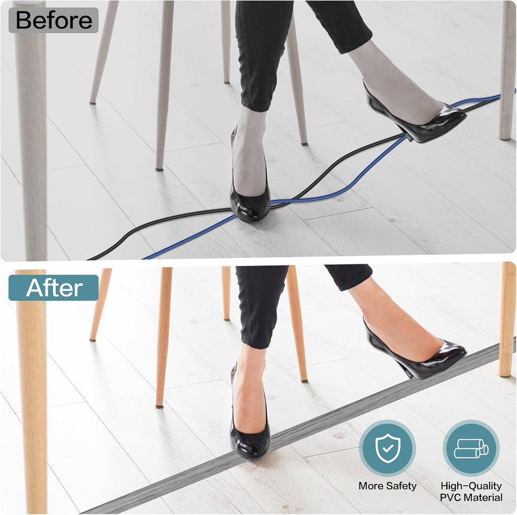 Floor Cord Cover Self Adhesive Cord Hider Floor Extension Cord Covers for Floor Power Cord Protector Cable Management Prevent Cable Trips Cable Cavity 0.51" W x 0.31" H (Light Grey Wood, 10Ft)