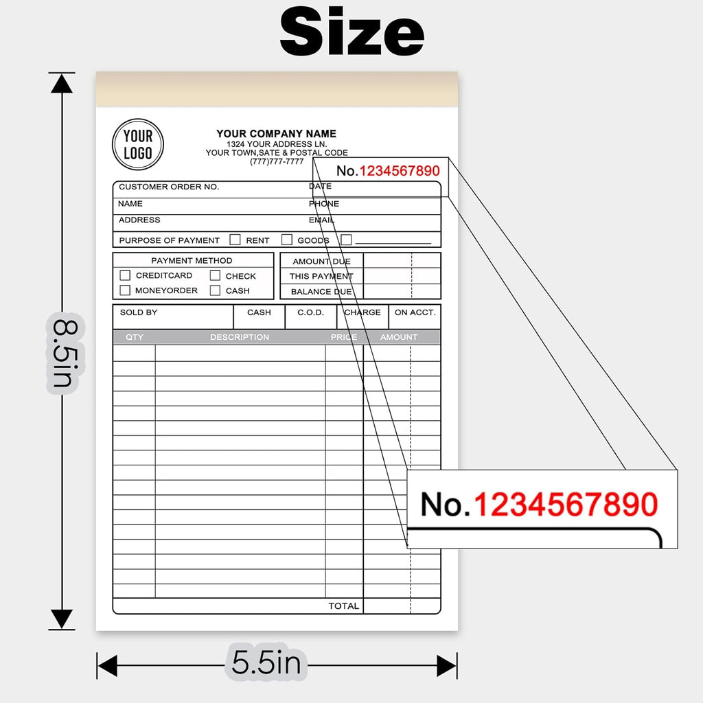 Custom Invoice Receipt Book for Small Business 5.5x8.5" Personalized 2-Part Contractor Duplicate Carbonless Sales Forms with Company Name Address Phone Number 100 Sets