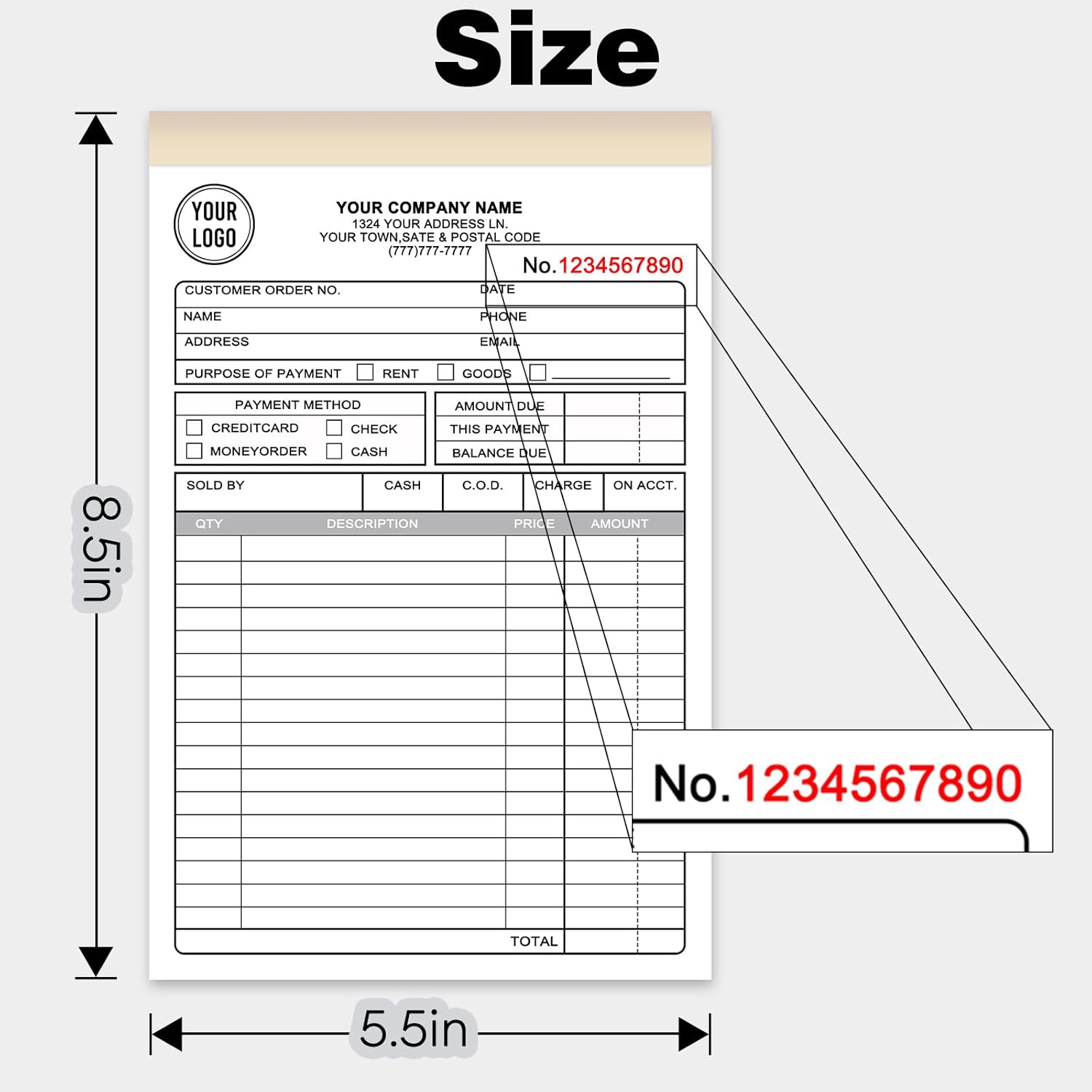 Custom Invoice Receipt Book for Small Business 5.5x8.5" Personalized 2-Part Contractor Duplicate Carbonless Sales Forms with Company Name Address Phone Number 100 Sets