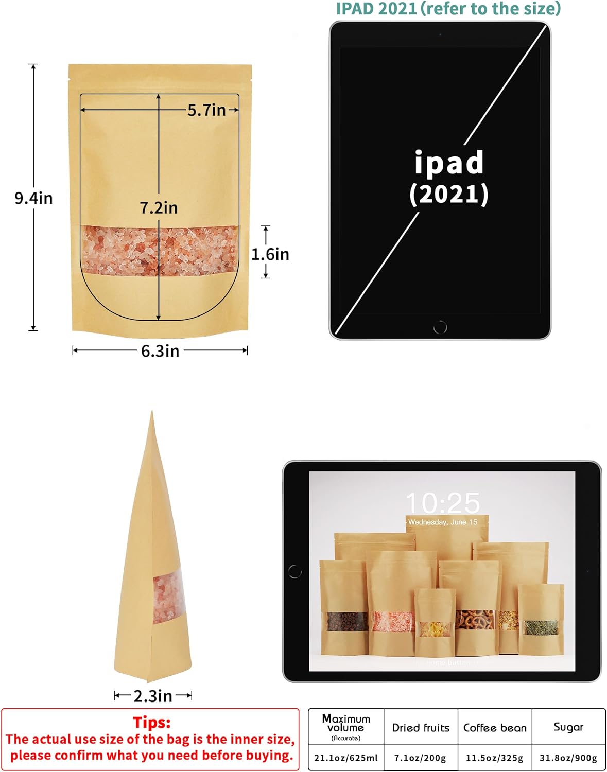 FireKylin 100 Pcs Brown Paper Bags with Window, 6.3" x 8.6" Stand Up Pouches, Zipper Food Storage Bags for Packaging Products, Reusable, Sealable