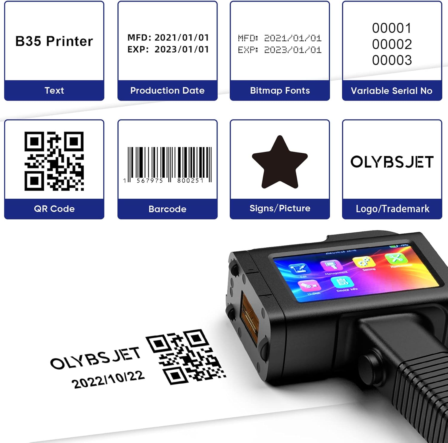 Handheld Inkjet Printer with LED Touch Screen for Code Date QR Logo Text Serial on Wood, Metal,Plastic,Pipe, Fabric,Cement, Leather and Glass Surface(Support 17 Language) (1inch/B35)