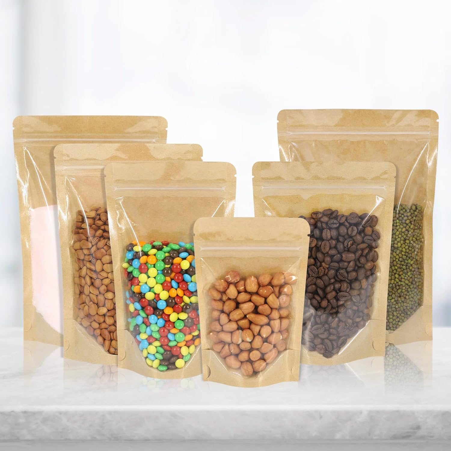 100 PCS Resealable Bags, Stand Up Kraft Bags with Window Clear Front Pouches, Zipper Lock Food Storage Bags 5.51×7.87 Inch Reusable Sealable Bags for Packaging