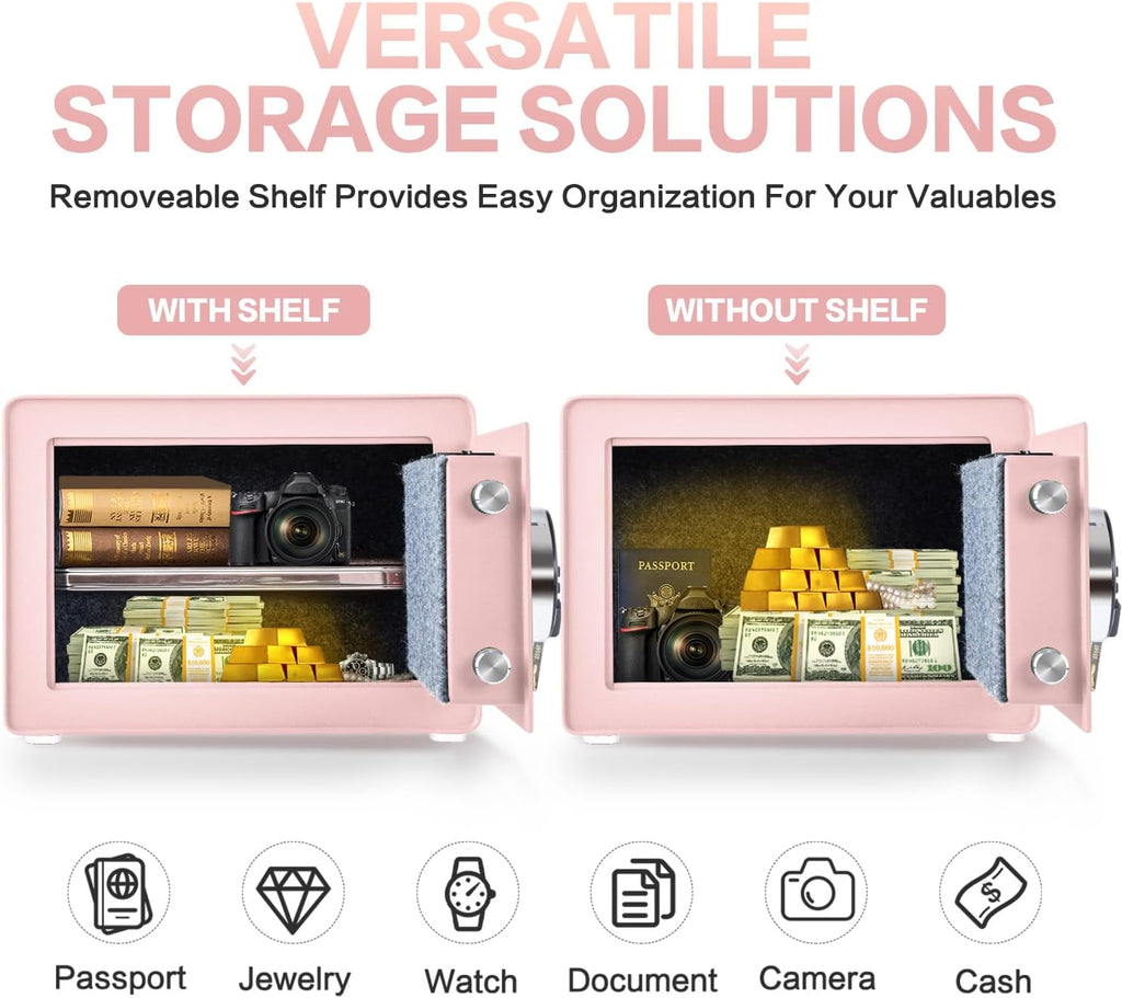 Safe for Home, 1.0 Cubic Feet Small Safe with Removable Shelf, Alarm System, Digital Electronic Security Money Box for Cash, Document, Home, Office, Hotel Use, Pink, 9.84"D x 13.78"W x 9.84"H
