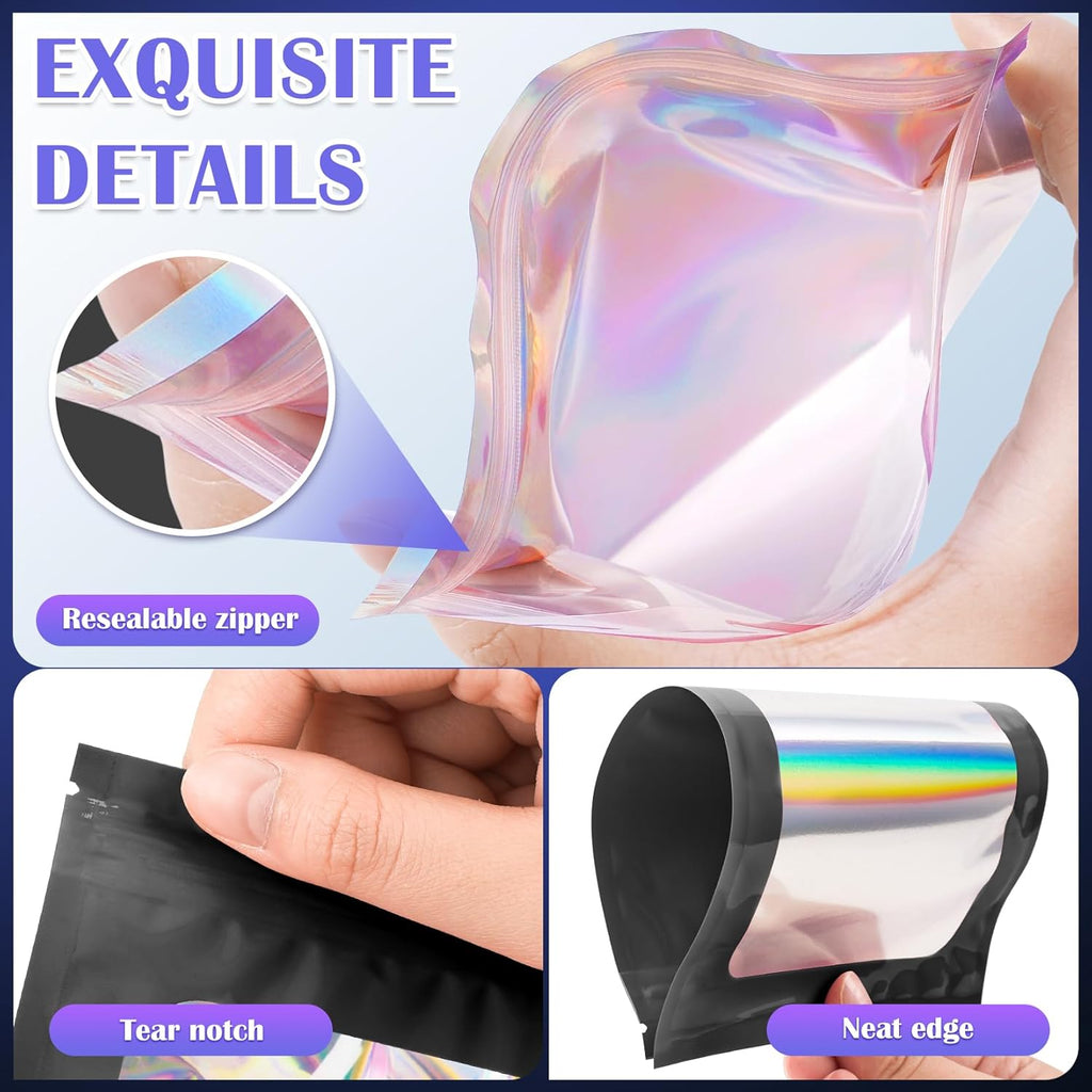 100 PCS Black Smell Proof Bag, Mylar Bags, Holographic Bags with Clear Window, Resealable Bags for Small Business, Packaging Bags for Bracelets, Jewelry, Candy, Gift, Sample Bags （2.4x3.9in）