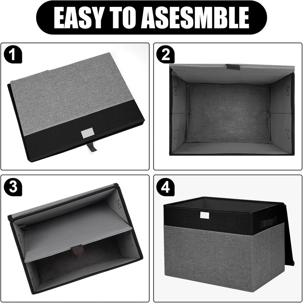 Large 17" 42 Quarts Collapsible Stackable Storage Bins with Lids [3-Pack] Foldable Fabric Linen Storage Boxes Cube, Closet Organizer Baskets with Label for Home (16.7 x 12 x 12", Black & Gray)
