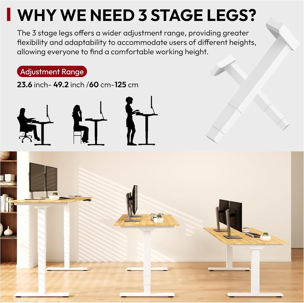 Standing Desk with Dual Motor, 3-Stage Lifting Column, Handset with 3 Preset and Sit-Stand Reminder - 72 inch Whole Piece Real Bamboo/White Frame, Height Adjustable Desk for Home and Office
