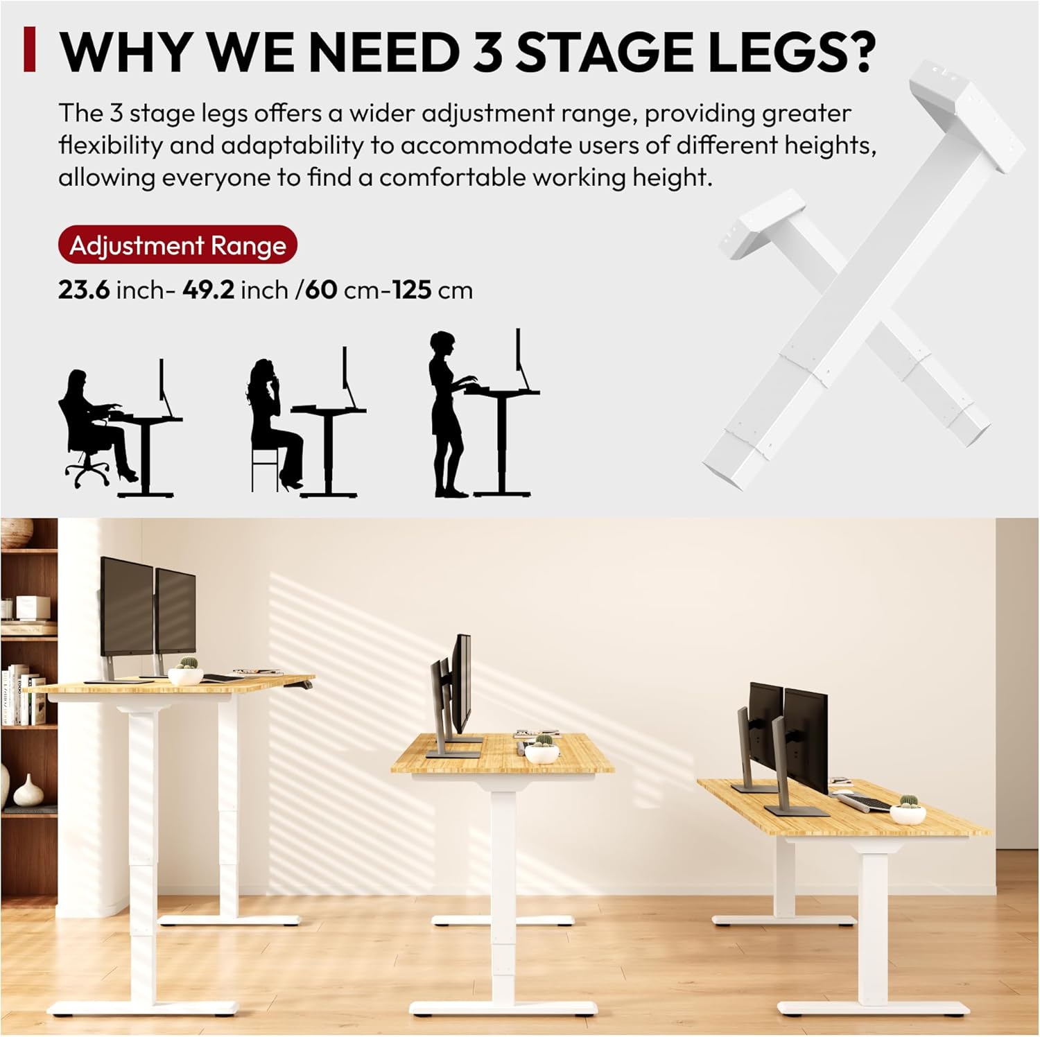 Standing Desk with Dual Motor, 3-Stage Lifting Column, Handset with 3 Preset and Sit-Stand Reminder - 72 inch Whole Piece Real Bamboo/White Frame, Height Adjustable Desk for Home and Office