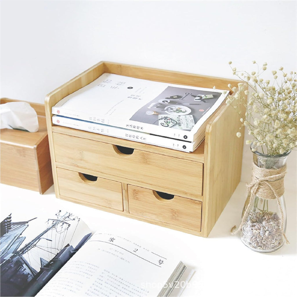 3 Drawer Bamboo Desk Organizer with Shelf – Makeup Storage & Tabletop Organizer for Home Office, Workspace, or Bathroom – No Assembly Required