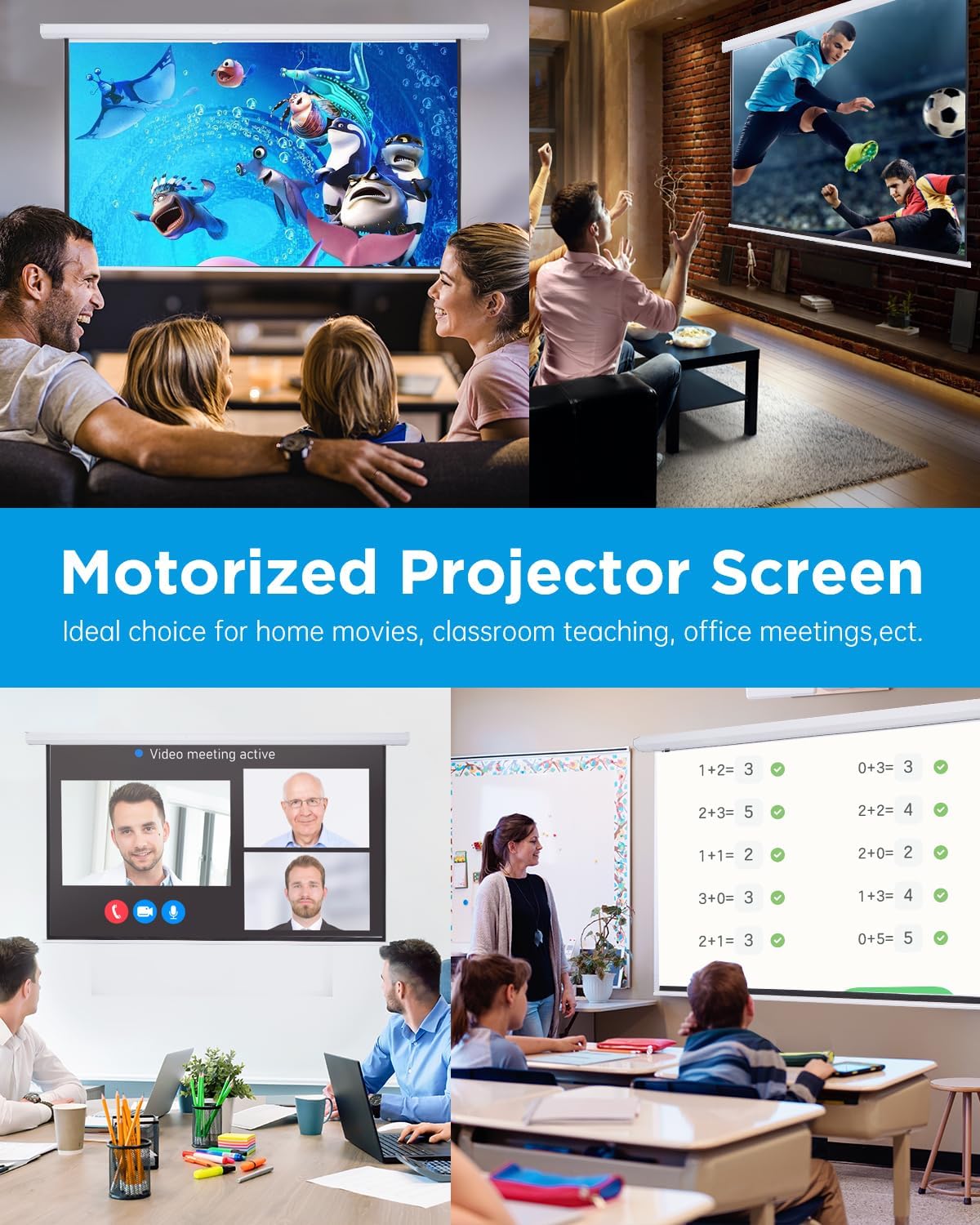 Projector Screen Pull Down 120 Inch Automatic Projector Screen with Remote Control and Ceiling Mount Hooks, Electric Motorized Projection Screen Retractable White Movie Screen 4:3 Outdoor Indoor