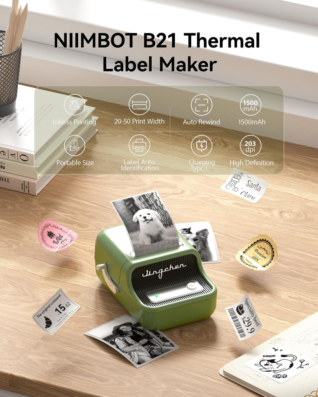 NIIMBOT B21 Label Maker, 2 Inch Portable Thermal Label Printer, Label Maker Machine with Tape, Compatible with Android, iOS & PC,Labeling for Home Storage Office and Small Business,Green