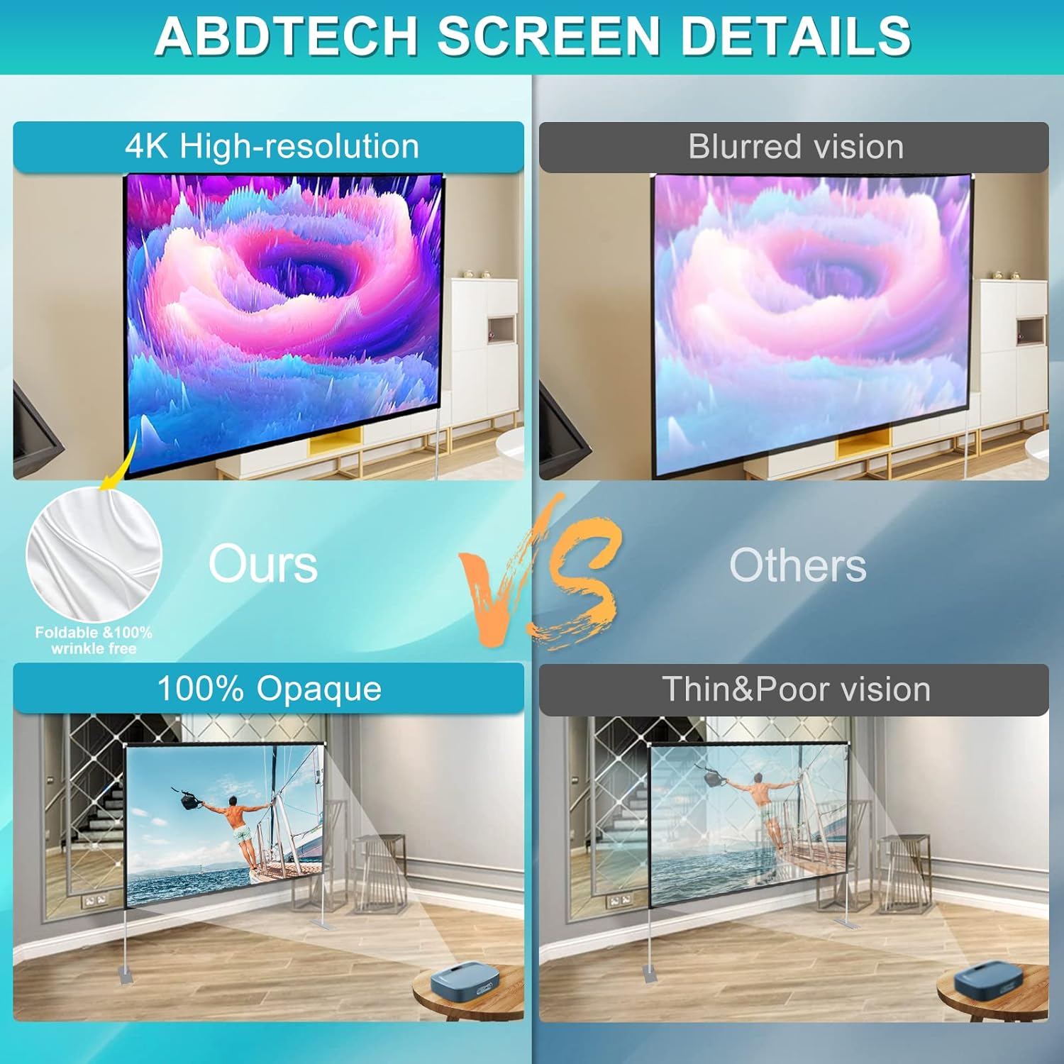 100 inch Projector Screen and Stand,Portable Projector Screen 4K HD Rear Front Projection Screen with Carry Bag for Outdoor Indoor Home Theater Backyard Cinema Travel