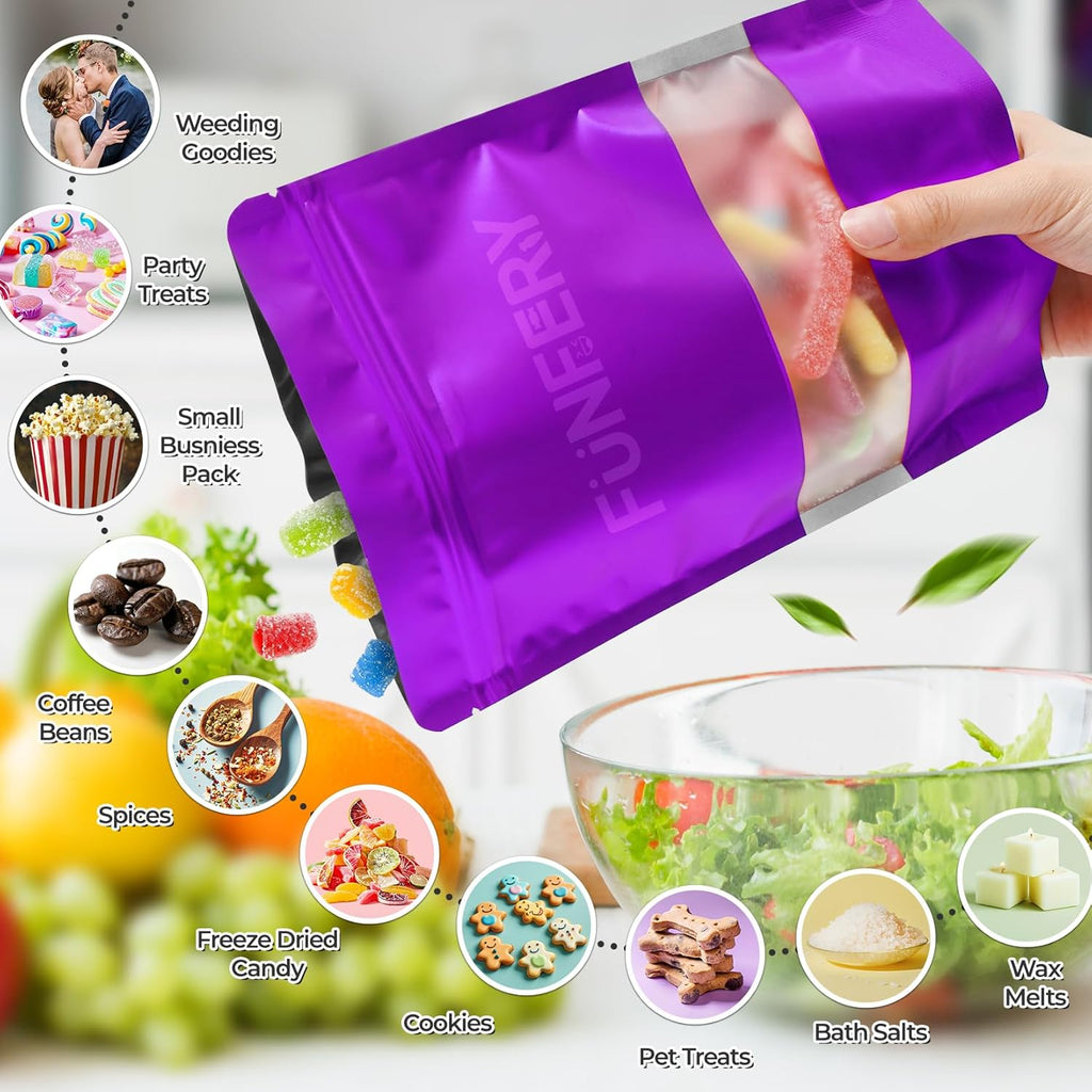 Funfery 100 Pcs Smell Proof Packaging Bags,Mylar Clear Bags for Food Storage,Sealable Bag for Packaging,Stand Up Pouches with Window,ReSealable Bag for Small Business,Cookies,Candy(Purple,4x6in)