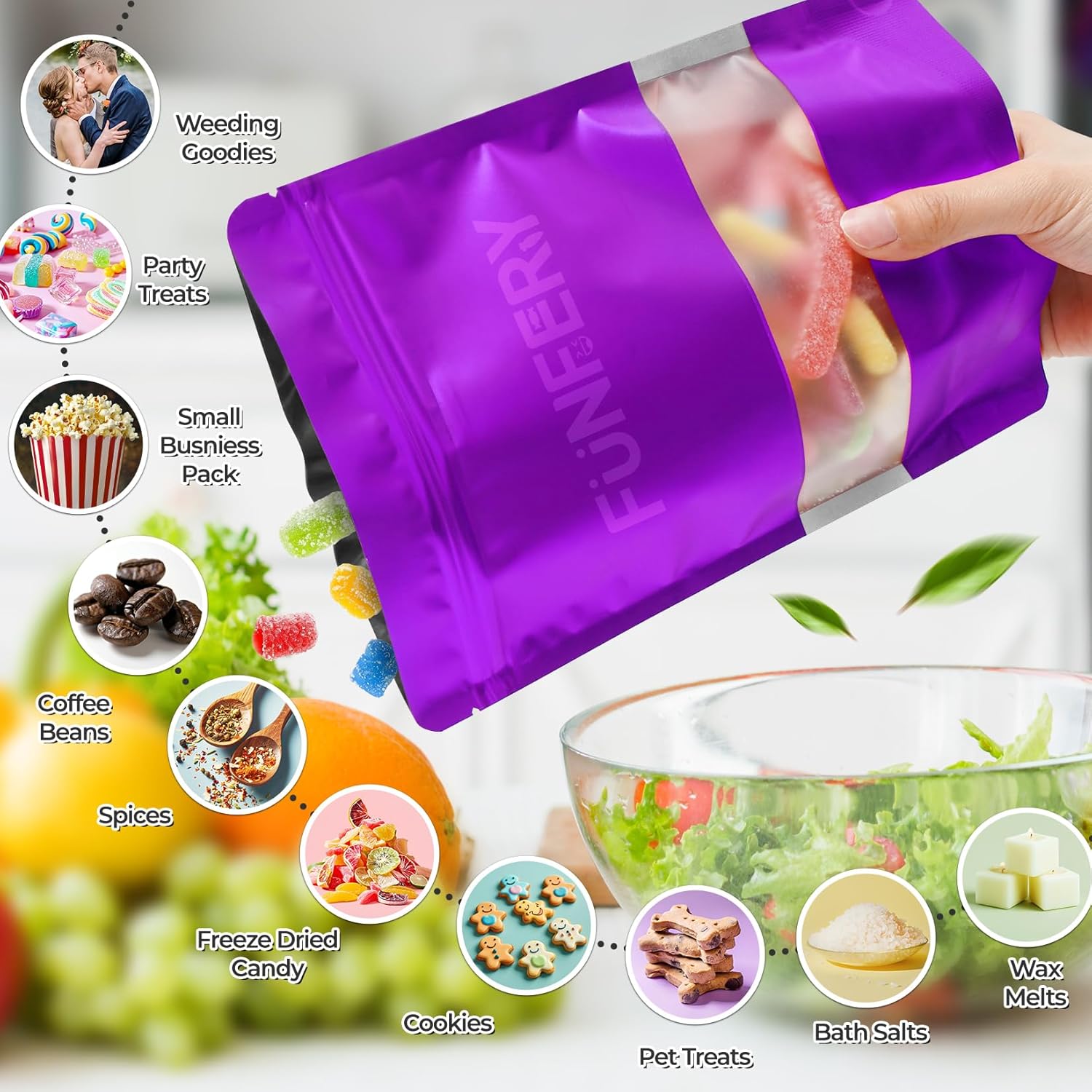 Funfery 100 Pcs Smell Proof Packaging Bags,Mylar Clear Bags for Food Storage,Sealable Bag for Packaging,Stand Up Pouches with Window,ReSealable Bag for Small Business,Cookies,Candy(Purple,4x6in)