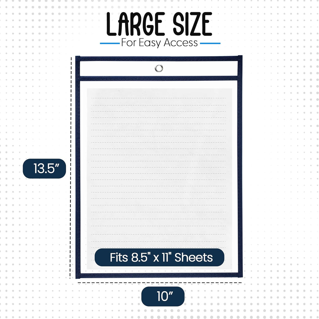 Essex Wares - 6 Pack, Navy Blue, Water-Resistant Dry Erase Pocket Document Protectors, 10" Wide x 13.5" Tall - Dry Erase Clear Plastic Sleeves - Reusable & Easy Erase Plastic Invoice Holders
