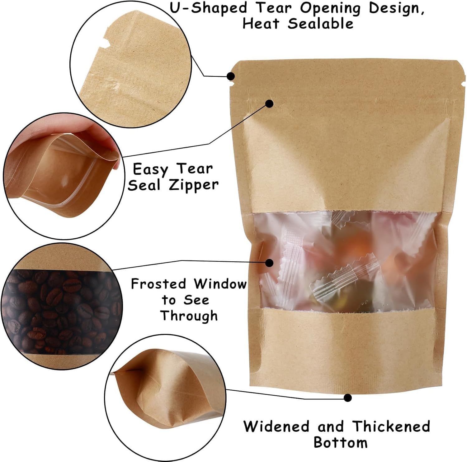 150 Kraft Mylar Bags for Food Storage 5X8 Mylar Bags with Window Candy Packaging Resealable Bags Reclosable Small Stand Up Pouches Edible Packaging, Kraft Paper Bags for Small Business
