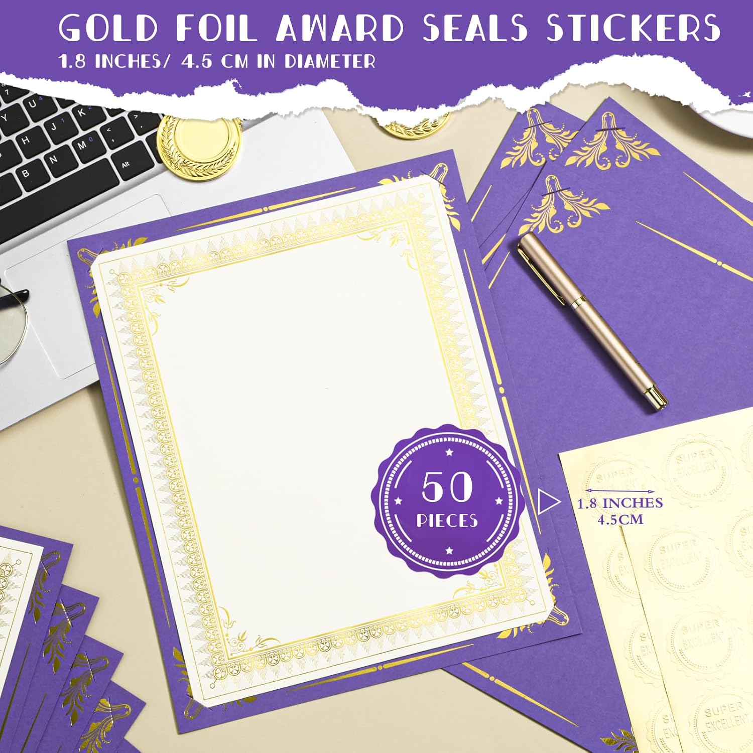 Fainne 50 Sets Certificate Kit Includes 50 Pcs 9.5 x 12 Inch Certificate Holders 50 Pcs Letter Size Papers 50 Pcs Foil Award Seals Diploma Covers for Appreciation(Purple, Gold)